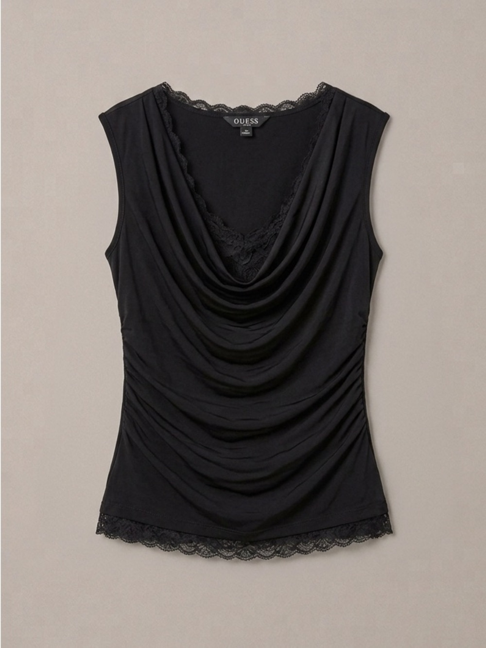 New Guess Black Draped Cowl Neck Lace-Trim Camisole without Tags